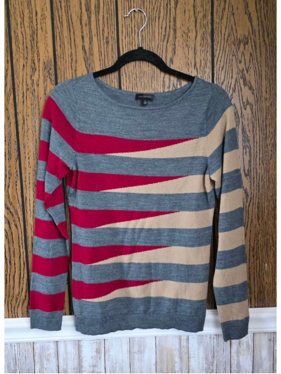 THE LIMITED Sweaters - Women's THE LIMITED Gray Red Tan Striped Crew Neck Sweater Small